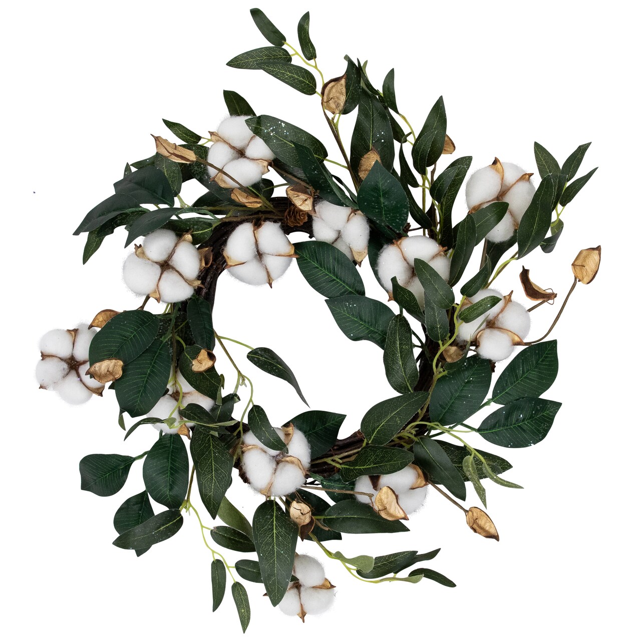 Northlight White Cotton Flowers with Foliage Spring Twig Wreath - 18" - Unlit